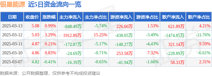 股票行情快报：银星能源（000862）3月13日主力资金净卖出848.49万元