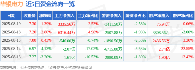 股票行情快报：华银电力（600744）8月19日主力资金净买入3335.56万元